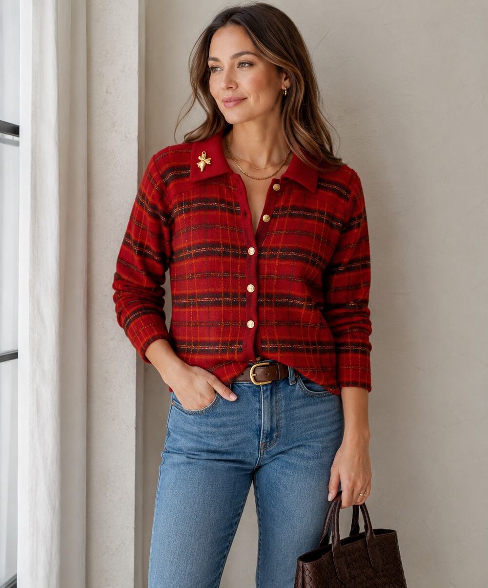 Karen Scott VTG Women's SZ M Wool Plaid Cardigan Sweater Red-Gold Button Front